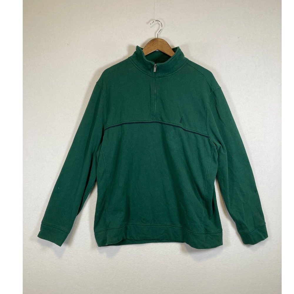 Nautica Quarter Zip Pullover Mens XL Green Navy Stripe Cotton Blend Fleece Mock